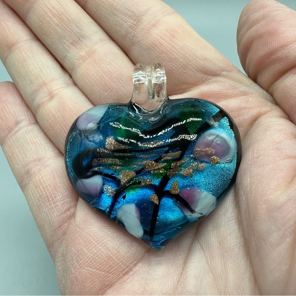 Handblown Art Glass Dichroic Glass Heart 1.75” Pendant Jewelry Colorful Boho